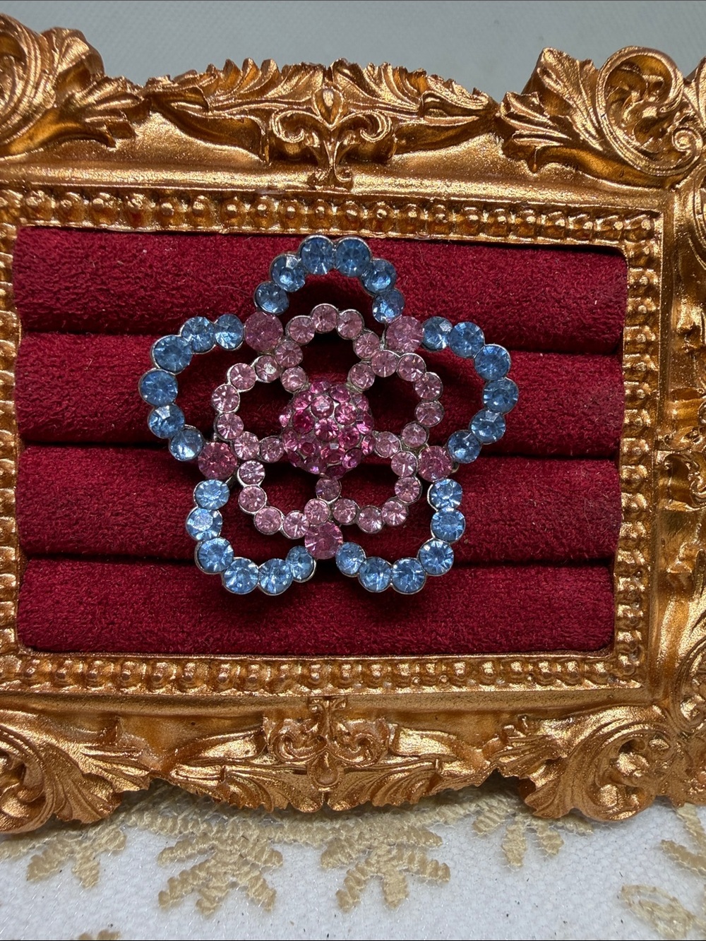 Vintage Pink & Blue Rhinestone Flower Brooch – Sparkling Estate Pin Circa 1990’s